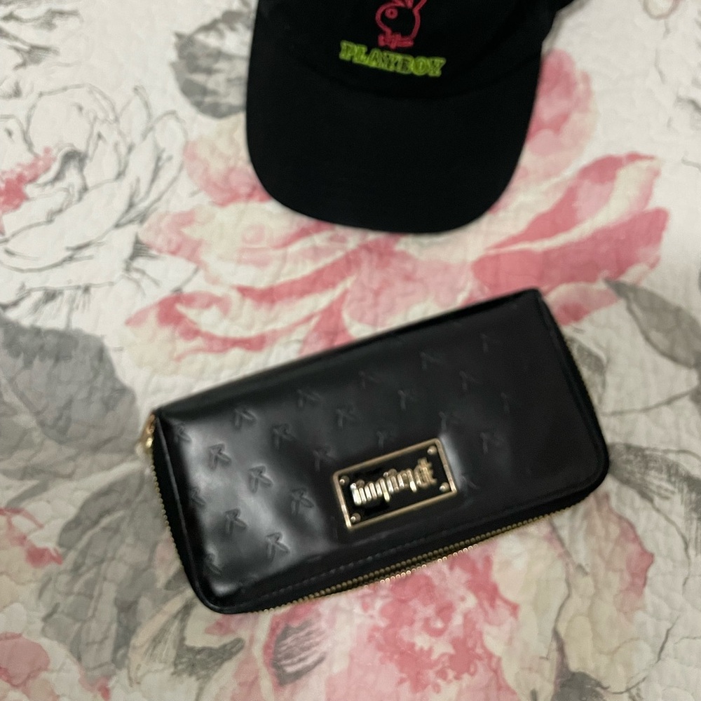 Playboy Black Embossed Wallet with Gold Accents plus Hat
